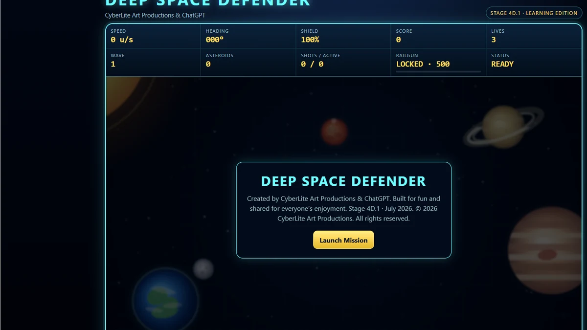 Deep Space Defender game screen with space combat controls and planets