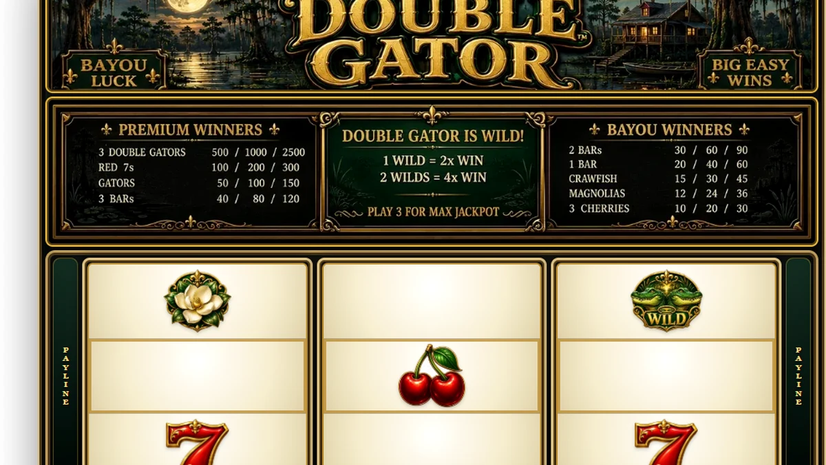 Double Gator Louisiana bayou slot machine cabinet and reels